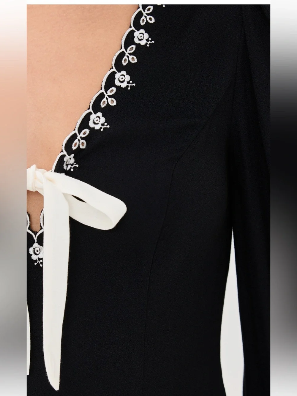 Reformation Vivia , Black V-Neck Long Sleeve Top with Cream Tie - size 2